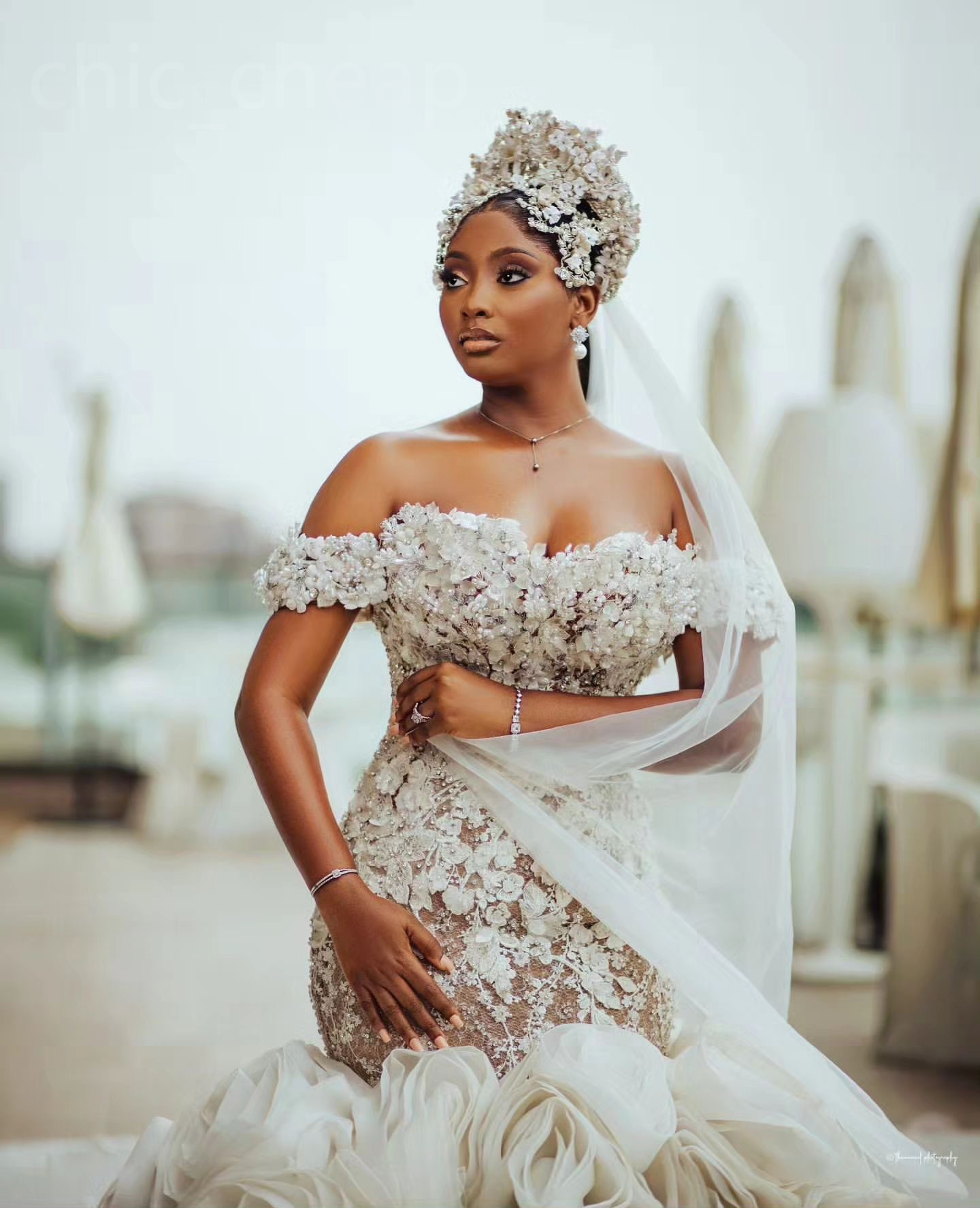 2024 Arabic Aso Ebi Plus Size Ivory Mermaid Wedding Dress Florals Lace Beaded Illusion Bridal Gowns Dresses ZJ404