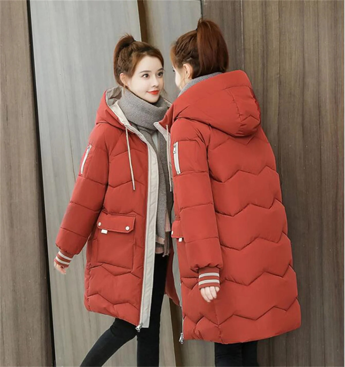 Women Winter Midlength Quilted Coat Hooded Overcoat Thick Warm Jackets Contrast Pockets Fashion Parkas Casual Loose Down Jacket 241108