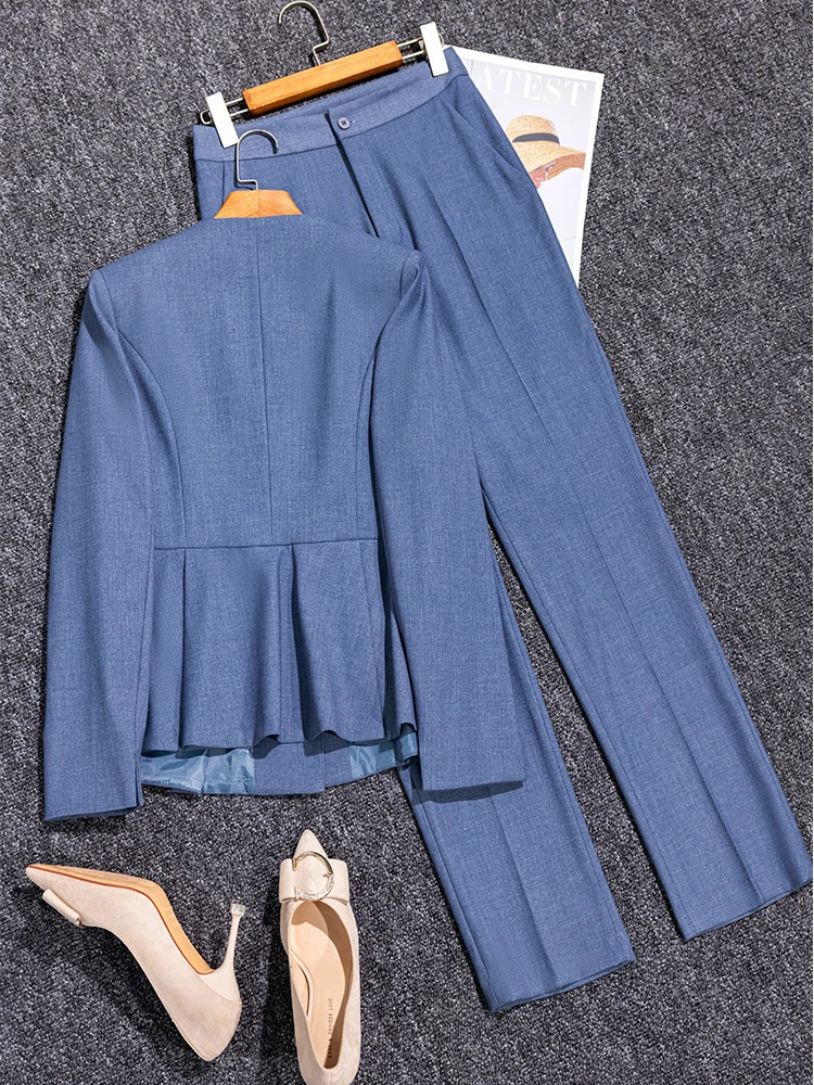 Grey Navy Blue Black Womens Pants Set Formal Business Work Clothes Solid Oneck Jacket and Trouser 2piece Suitable for Autumn Winter 241115