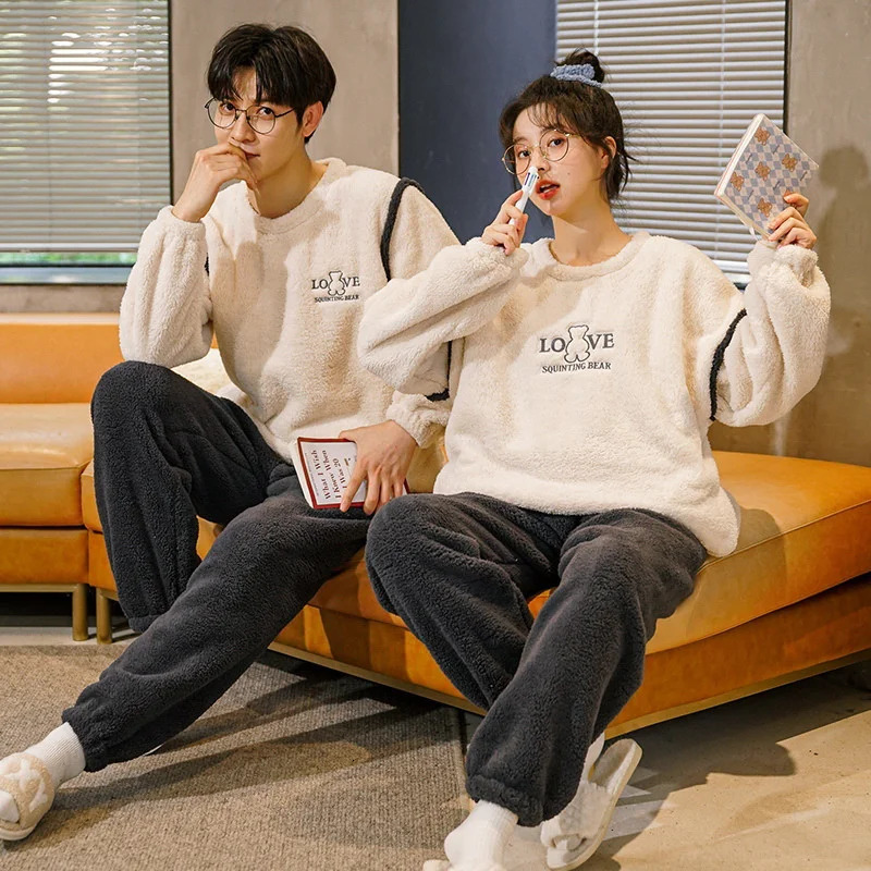 Mens and womens pajamas thick coral fleece Pullover couple warm winter plush pajamas family clothing 241115