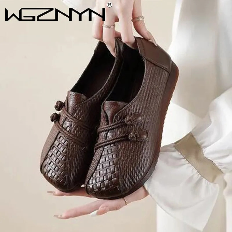 2024 Spring Leather Apartment Womens Wide Fit Grandmas Bigfoot Shoes er Double Rope Round Sole Black Sports Shoes 241115