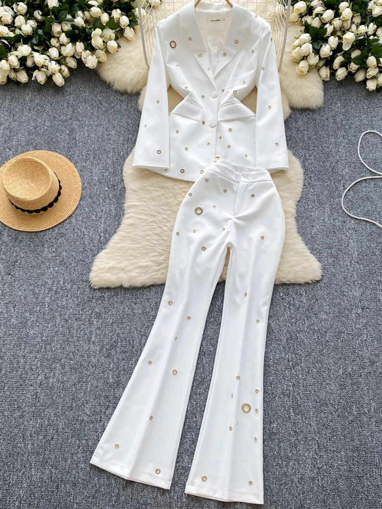 Womens Metal Buckle Jacket 2piece Set AutumnWinter Single breasted and High Waist Shining Pants Slim INKEO 4O084 241115