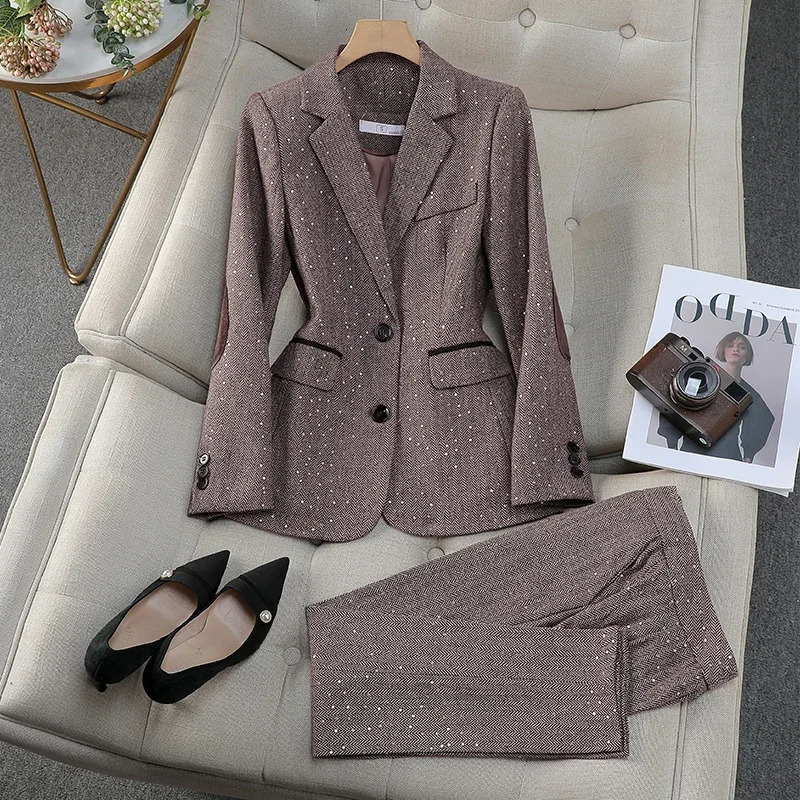 Autumn and Winter Warm Set Grey Brown Long Sleeve Glitter JacketPants Two Piece Fashion Work Clothes 241115