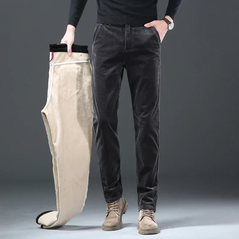Winter mens Corduroy wool casual pants thick classic fashion straight plush veet Trouser clothing 241115