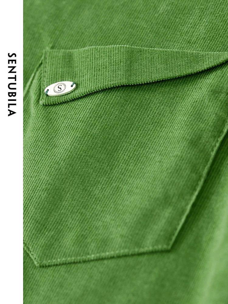 SENTUBILA Womens Cotton Corduroy Shirt Flip Collar Single Chest Spring Green Loose Shirt Womens Long Sleeve Top 133C51681 241115