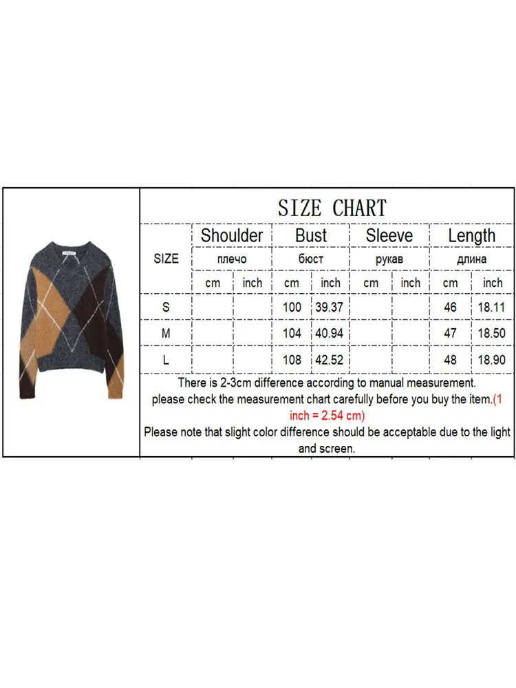 TRAF Autumn Women Argyle Pullover Sweater Vintage Long Sleeve Vneck Cropped Top Causal Soft Streetwear 241116