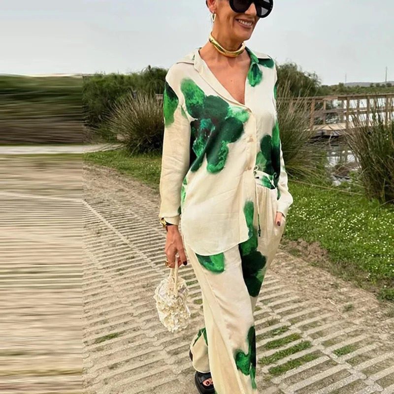 TRAF Print Pants Set Women 2 Piece Flower Green Shirt High Waist Baggy Sets Casual Summer WomenS Top And Bottom 241115