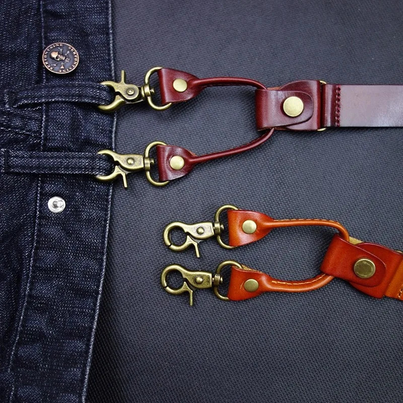 24145CM Vintage Leather Mens Suspenders 4Hook YBack For Pants Braces Man Women Slip Suspender 240401