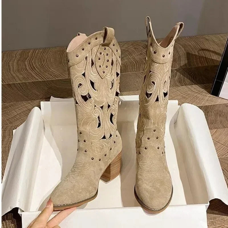 Embroidered Suede Chunky Heel Western Boots for Women Fashion Soft Bottom Casual Spring and Autumn Hollow Knight Boots Womens Shoes 241115