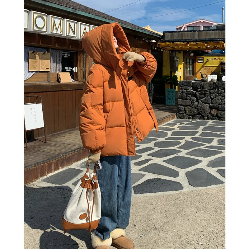 Solid Color Down Jacket Women Hooded Coat Stand Collar Fashion American Streetwear Duck Feather Female Winter Short Outwear 241115