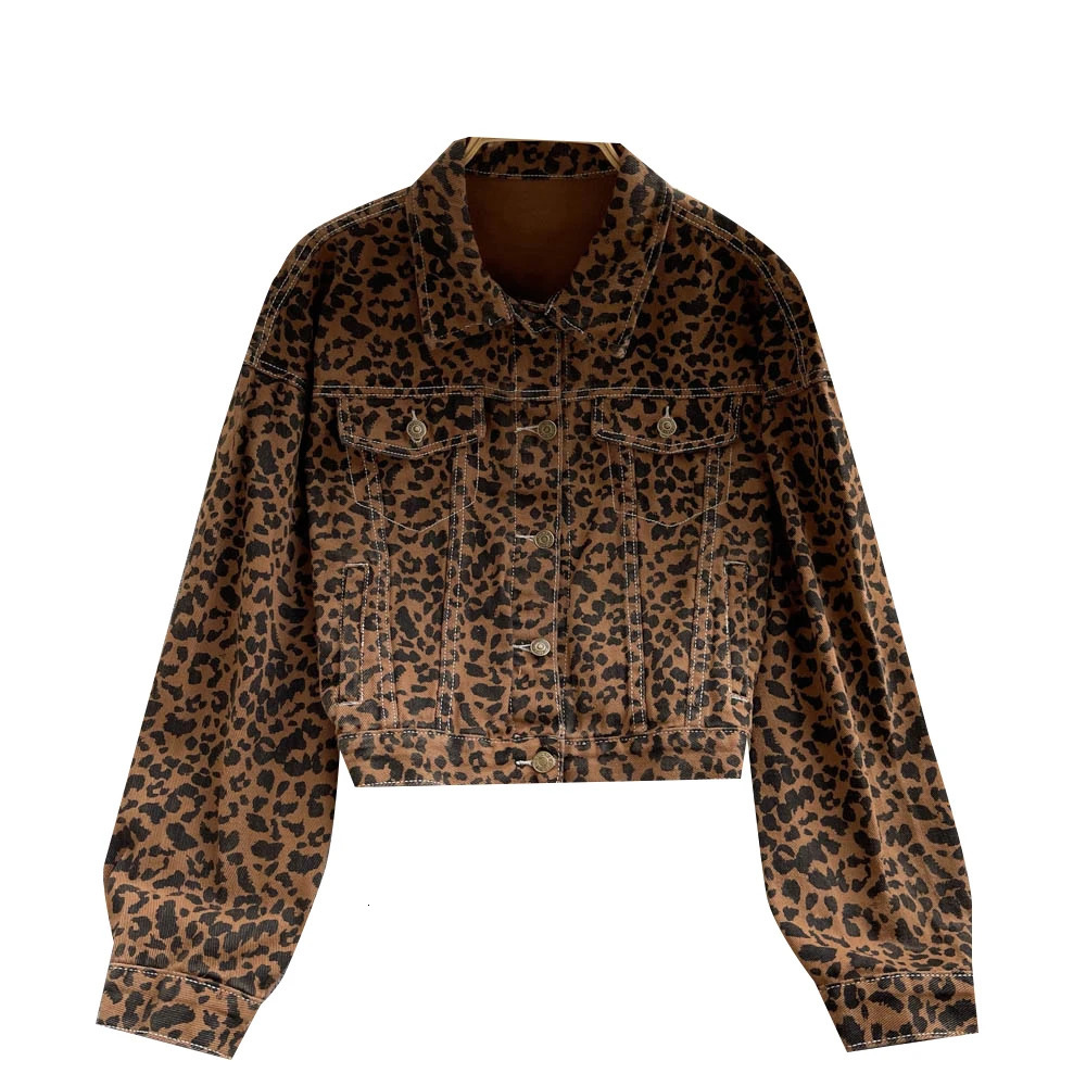 Leopard Print denim jacket for women fashionable pocket lapel short denim jacket for spring and autumn casual and loose denim jacket for women 241115