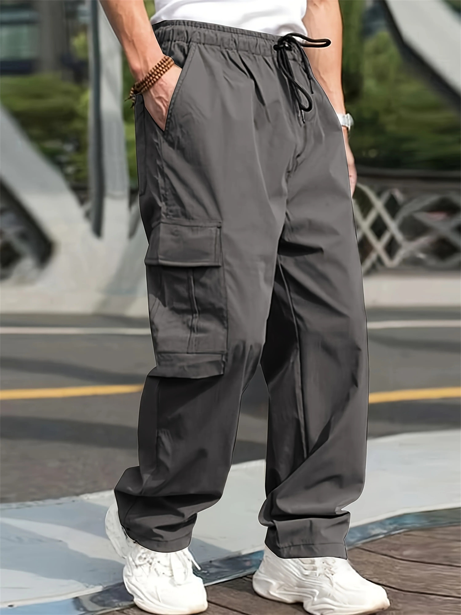 Mens Cargo Pants Trouser Full Length Solid Color Loose Multi Pocket Drawstring 3XL 241115