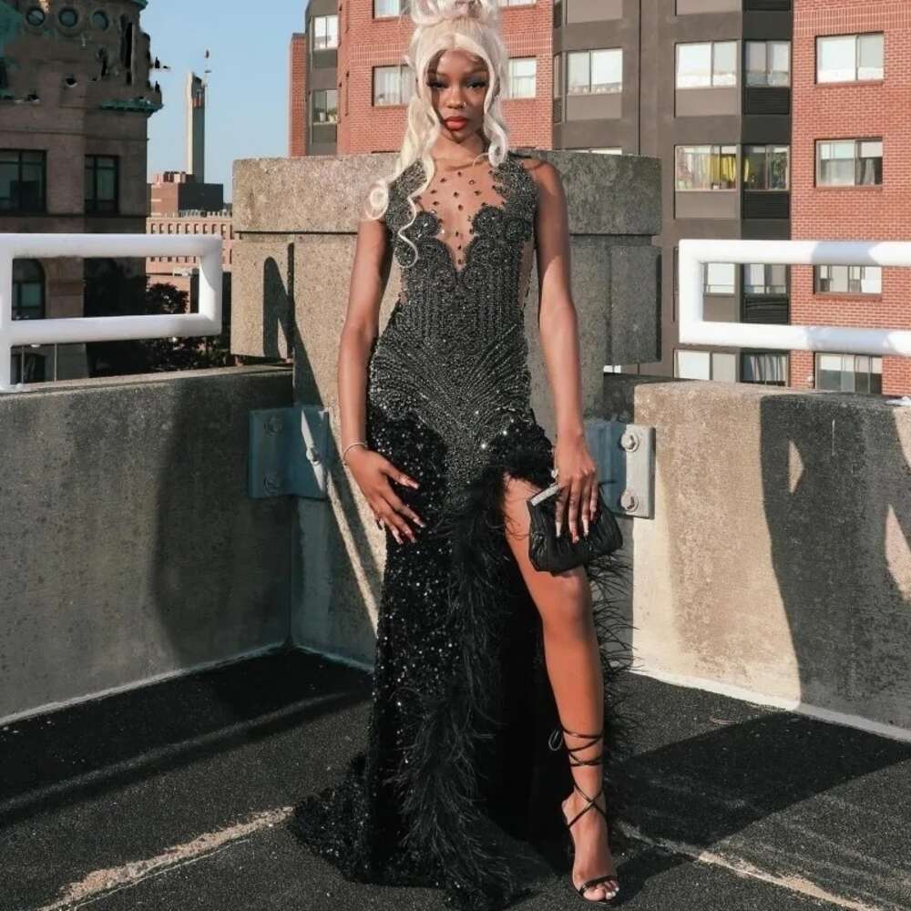 Prom Black Dresses Blackgirl Sheer Neck Crystal Sequin Mermaid Party Gowns Feathers Long Birthday Outfits Girl