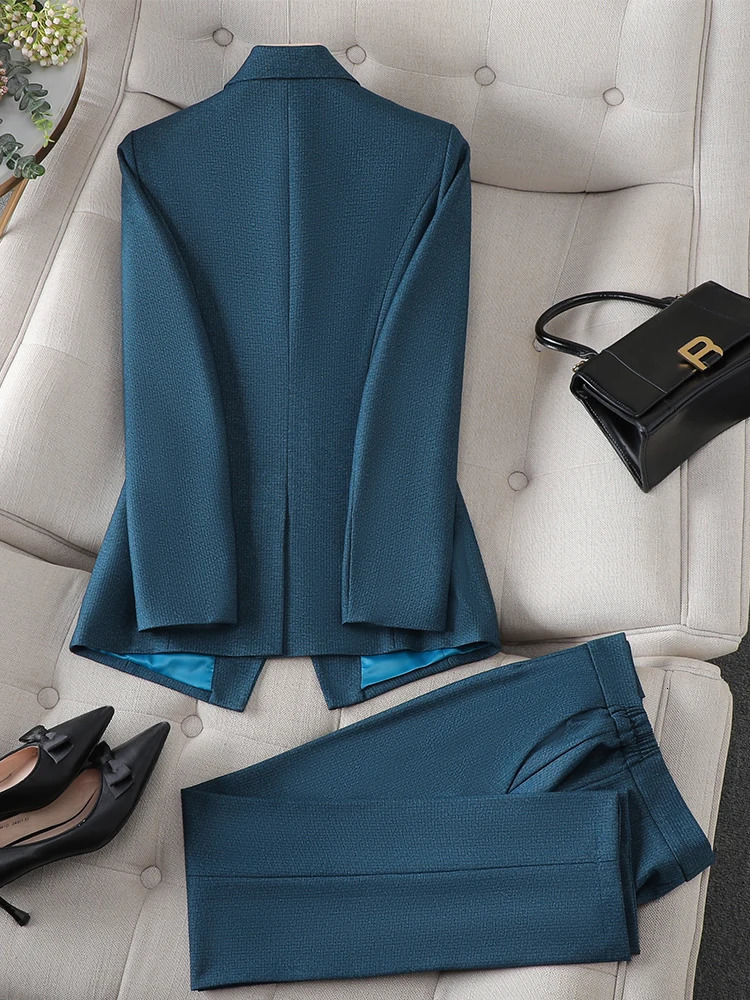 Grey black blue white womens long sleeved solid jacket and Trouser formal 2piece set suitable for autumn winter 241115