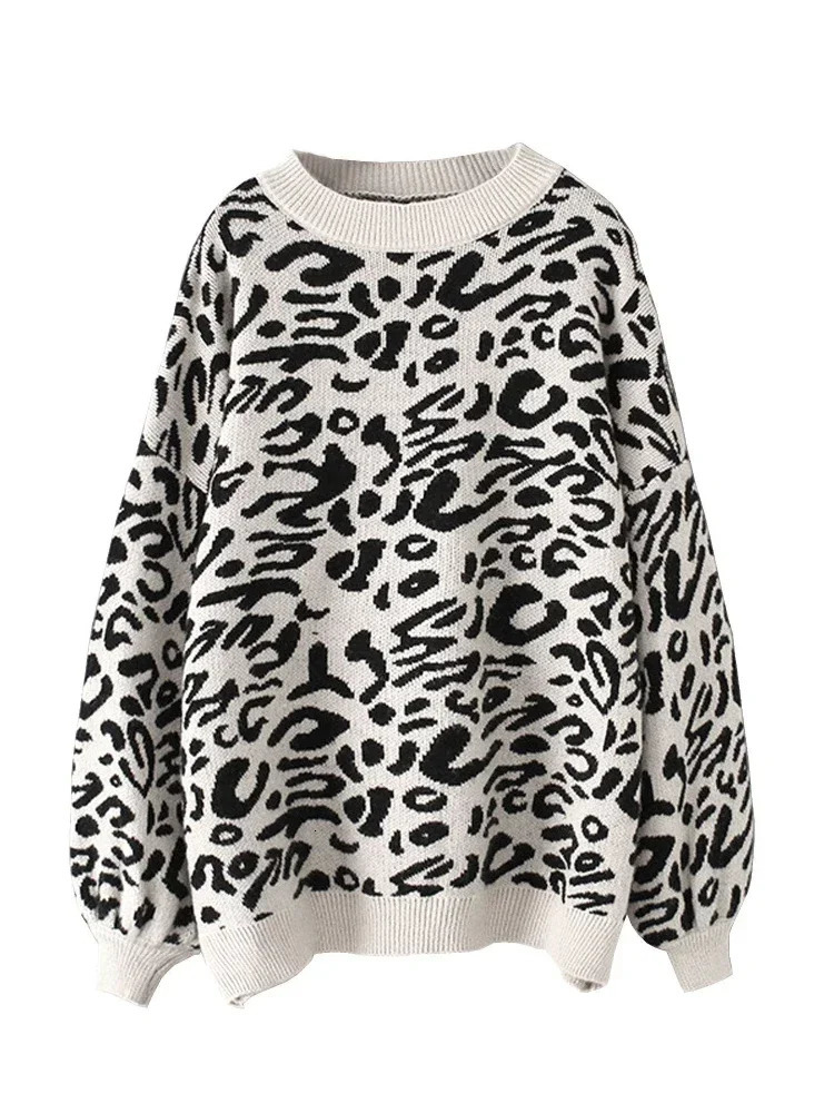 autumn loose round neck zipper leopard print lantern long sleeved sweater for women fashionable knitted top office womens clothing 241115