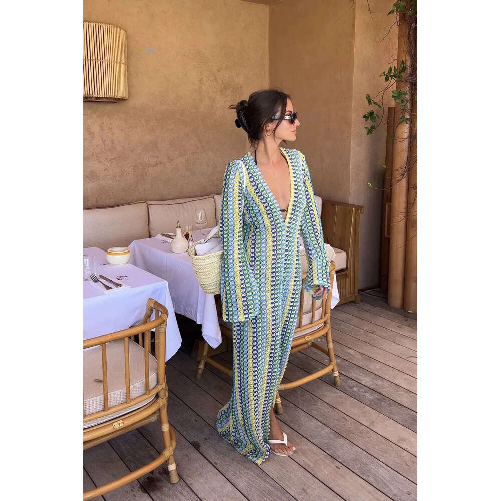 Crochet Colorful Stripe Maxi Dress Women Flare Sleeve Vneck High Split Sexy Long Dresses Autumn Beach Banquet Vestidos 240513