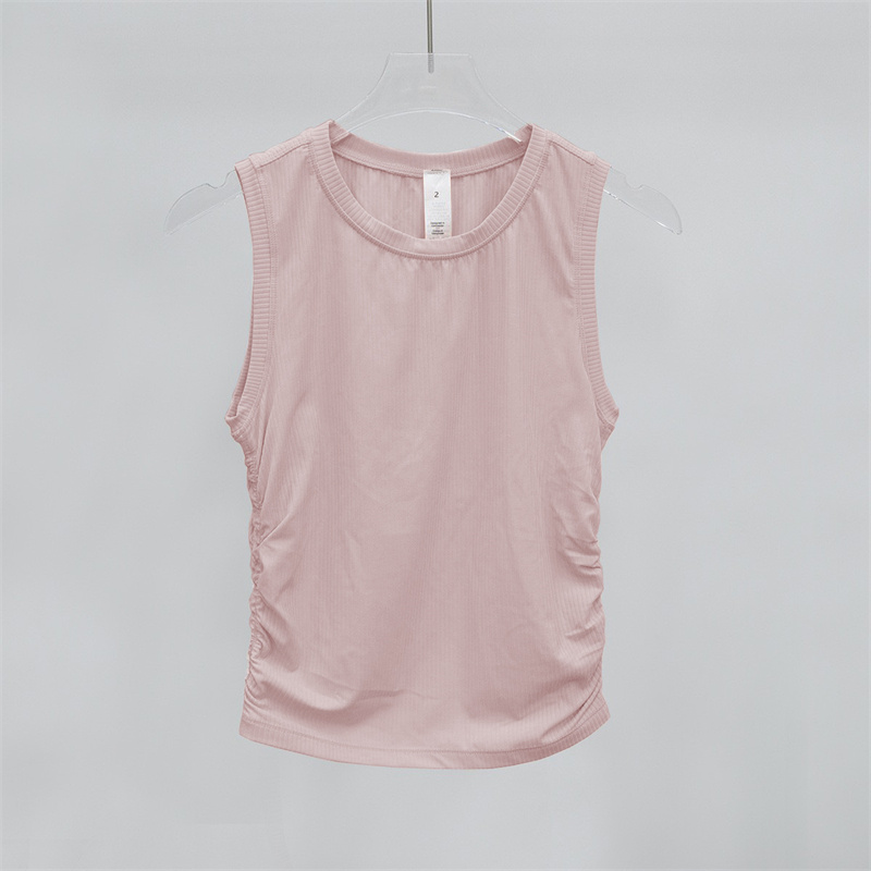 Womens Yoga T-shirt Summer Top Womens Ribbed Round CollarSleeveless Elastic Drawstring Sports Fitness Solid Color