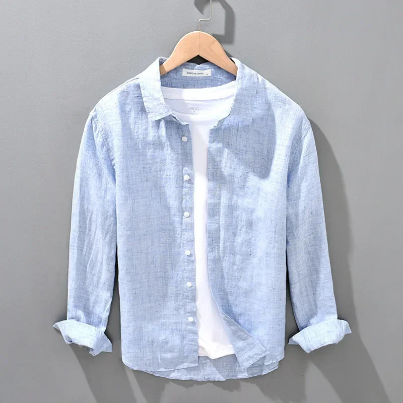 Linen shirt mens monsoon long sleeved Korean linen breathable shirt oversized loose fit mens clothing 241112