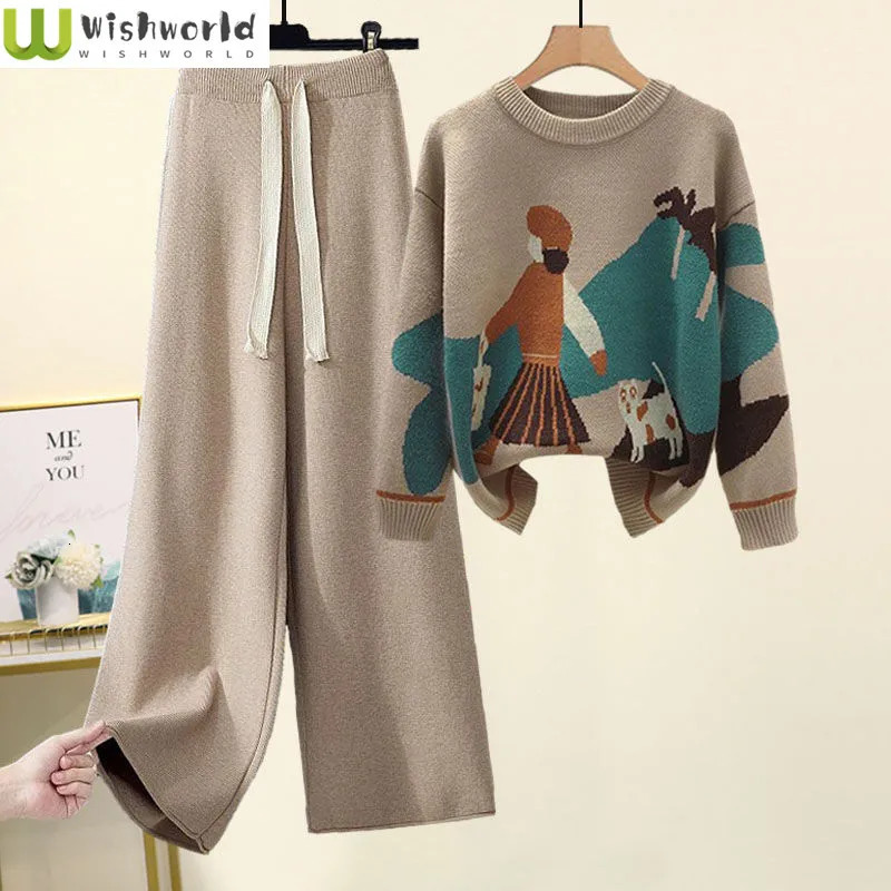 Autumn and Winter Set Womens Western Style Knitted Sweater Loose Slimming Casual Pants Two Piece Fashion 241115