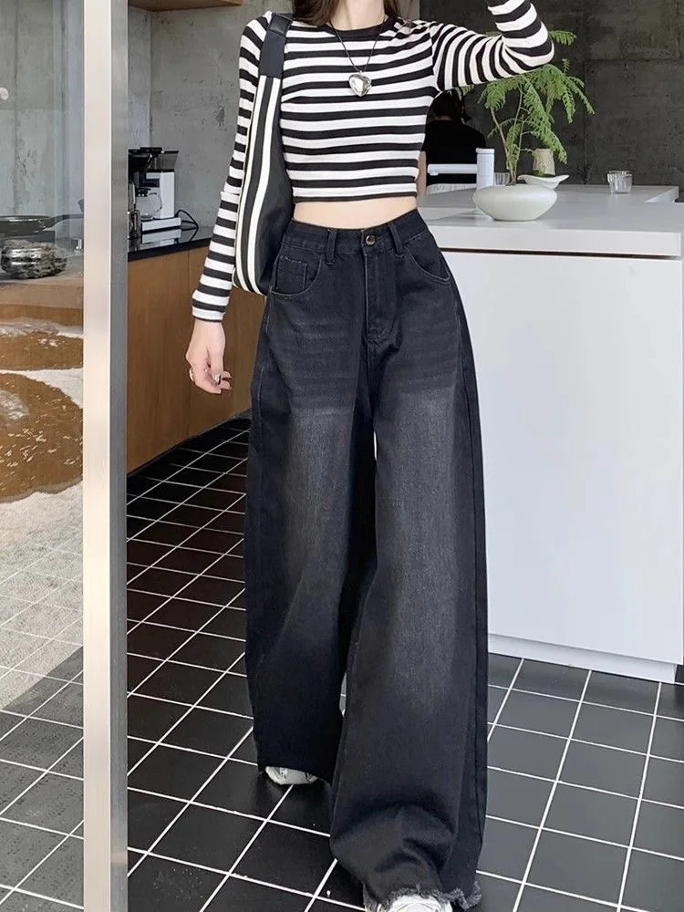 Girl Baggy Jeans Femenina Y2k Street vintage Washed To Make Old Fried Straight WideLeg Denim Pants For Women 241108