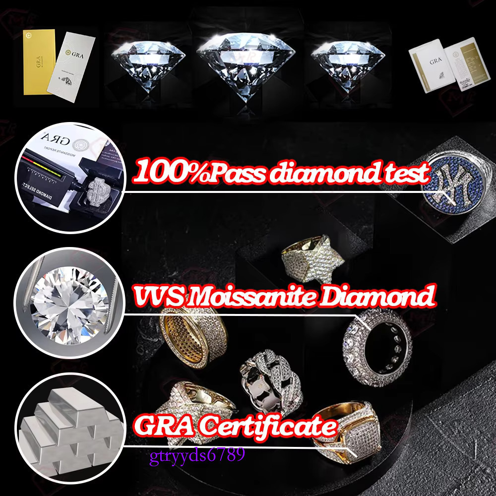 Rappers 2 Rows Cuban Sterg Sier VVS Iced Out Mens Hip Hop Moissanite Ring