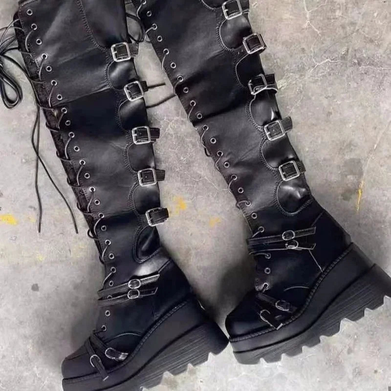 Punk Over-the-knee Boots Women Platform Heels Belt Buckle Boot Motorcycle Goth Shoe Thigh High Flat Boots Plus Size 42 43 241115