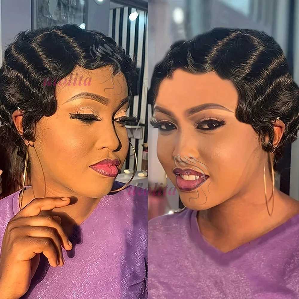 Cutting Finger Wave Short Bob Wig Suitable for Black Female Human Hair Ocean Wave Short Indian Human Hair Wig 13X1 Lace Front Wigs W241116