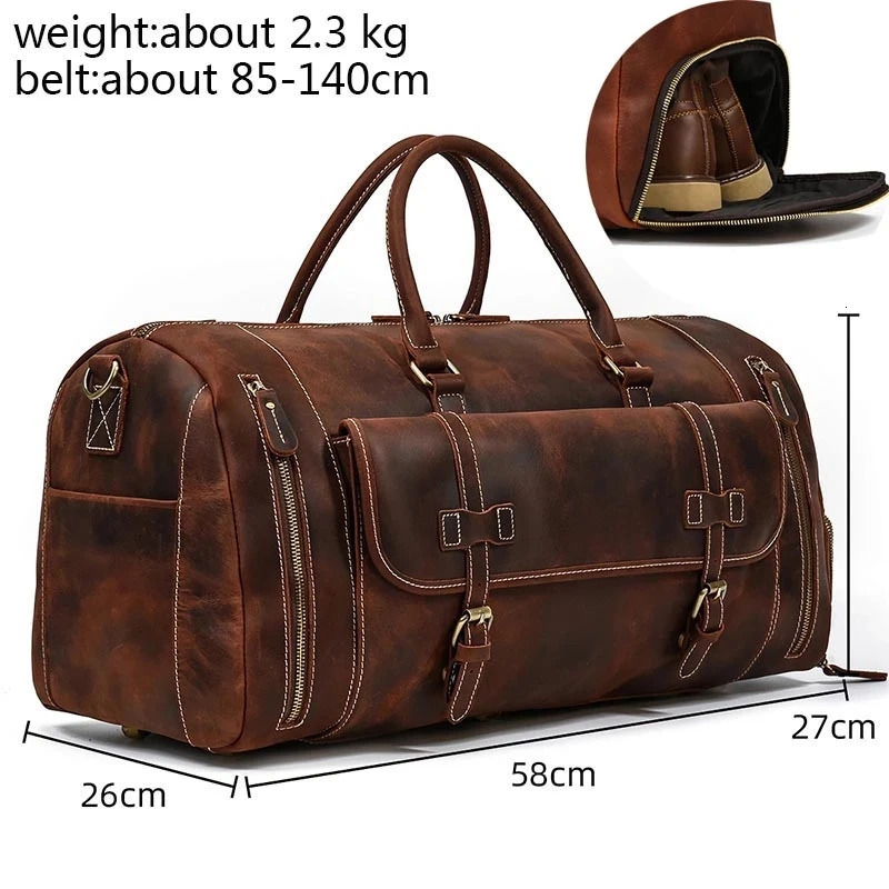 Luufan leather mens travel bag with shoe pockets vintage crazy horse leather large capacity luggage bag business travel handbag 241115