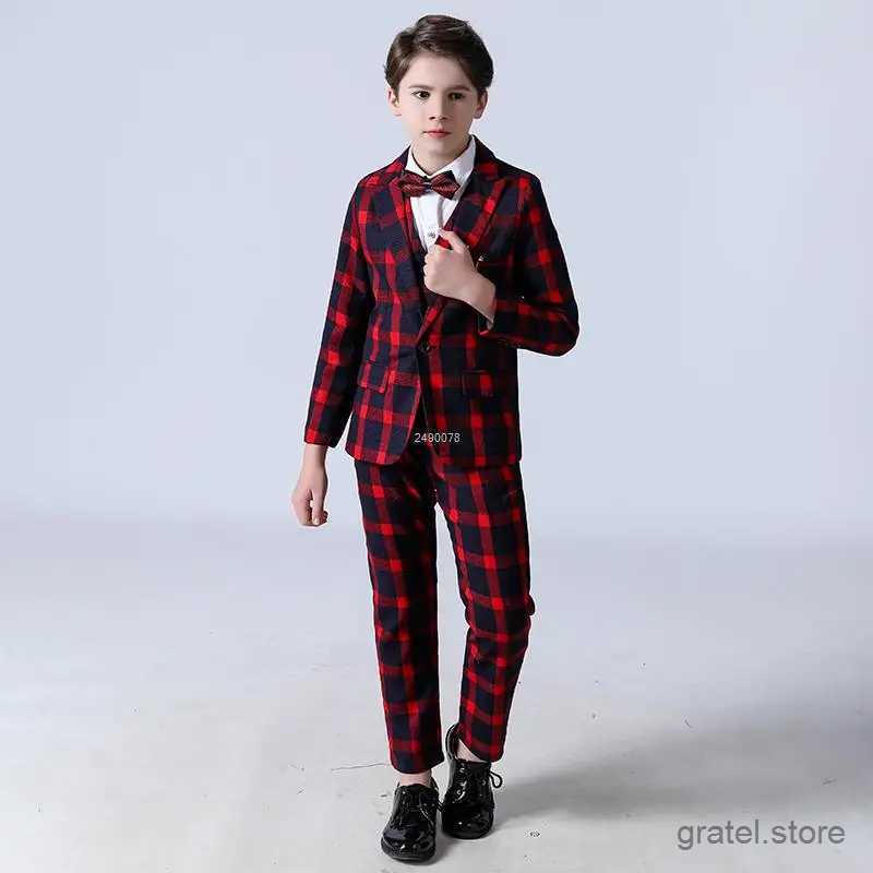 Suits Children Luxurious Wedding Suit Flower Boys Red Jacket Vest Pants Bowtie 4PCS Party Photograph Suit Kids Tuxedo Dress Costume