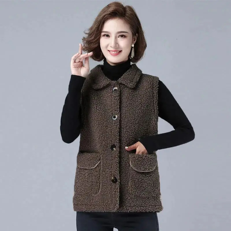 Large size spring and autumn womens button vest sheepskin winter warm thick wool vest sleeveless jacket womens coat 241111