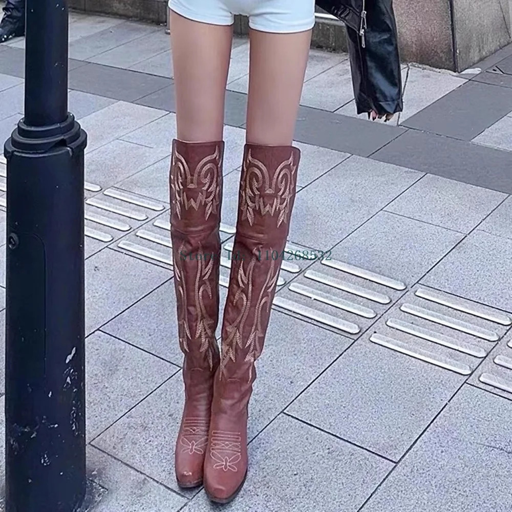 Embroidety Sewing Mixed Color Boots Ovet The Knee Sexy Pointed Toe Square Heel Arrivals Fashion Womens Motorcycle Boots 241115