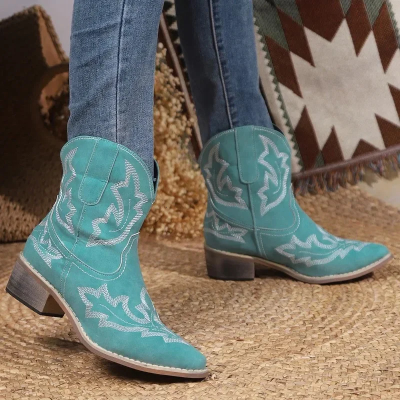 Fashion Embroidered Thick Heel Womens Boots Autumn Western Cowboy Ankle Boots Pointed Casual Shoes Womens Short Boots 241115