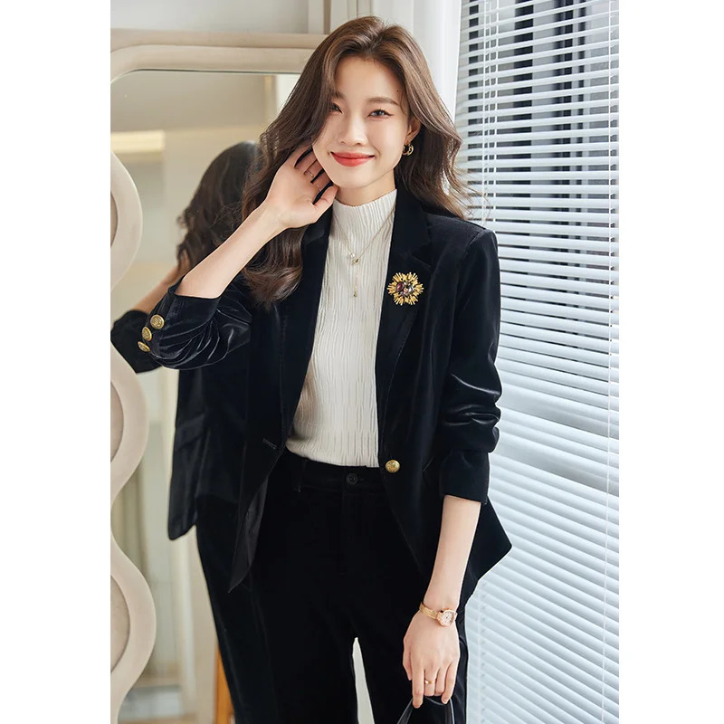 Womens spring oversized French velvet suit wide leg pants set retro casual solid color loose jacket twopiece 241115