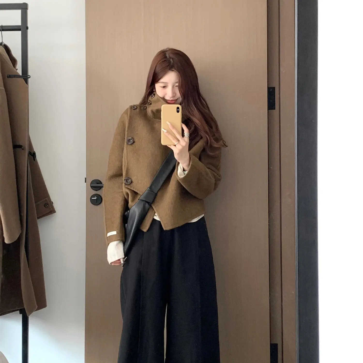 2024 Women High Collar Irregular n Wool Coat Autumn Loose Fashion Elegant Casual Outerwear Korean 241108