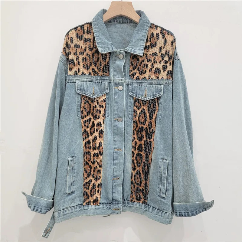 American retro leopard print sequined patchwork denim jacket for womens autumn casual loose long sleeved jacket 241115