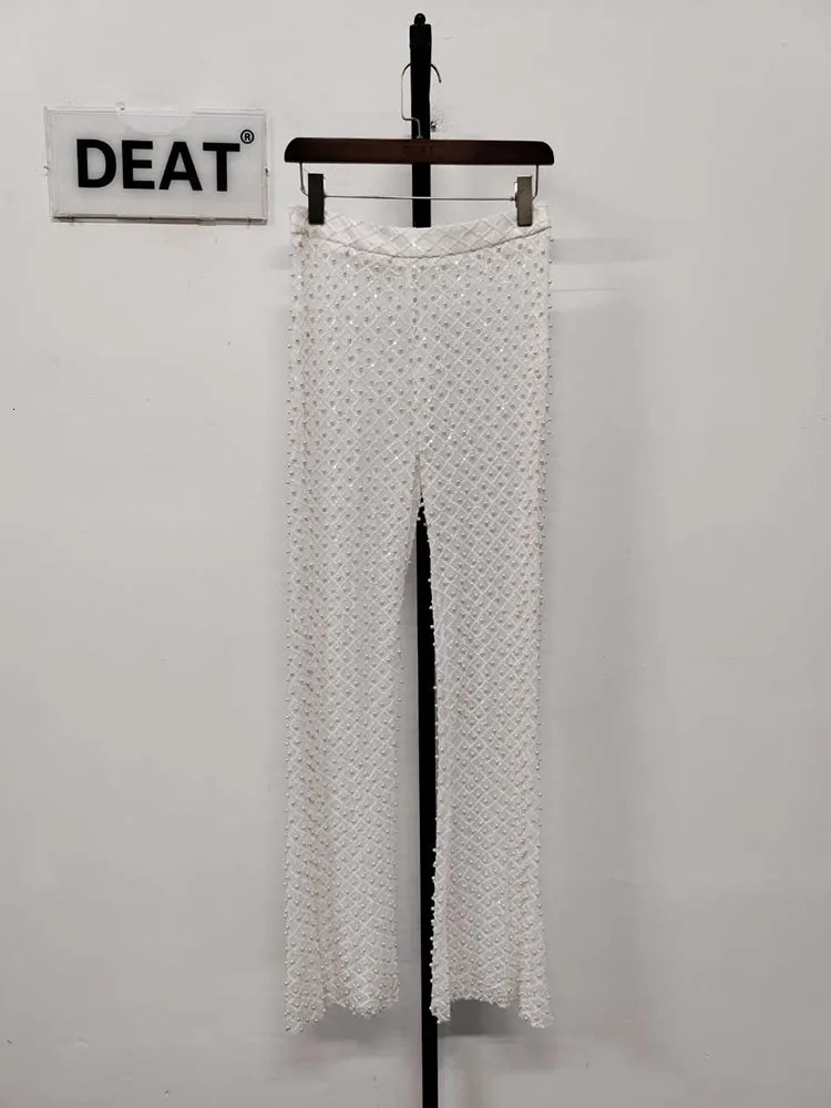 DEAT Fashion Womens Jacket Slotted Hollow Back Neck Long Sleeve 3D Flower Pearl sequin Mesh Pants Spring Style 7AB3522 241115