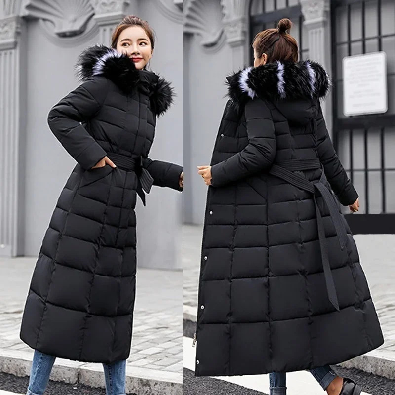 Fashion Women Winter Warm Bow Belt Fox Fur Collar Long Down Coat Outside Dress Thick Jacket 241115