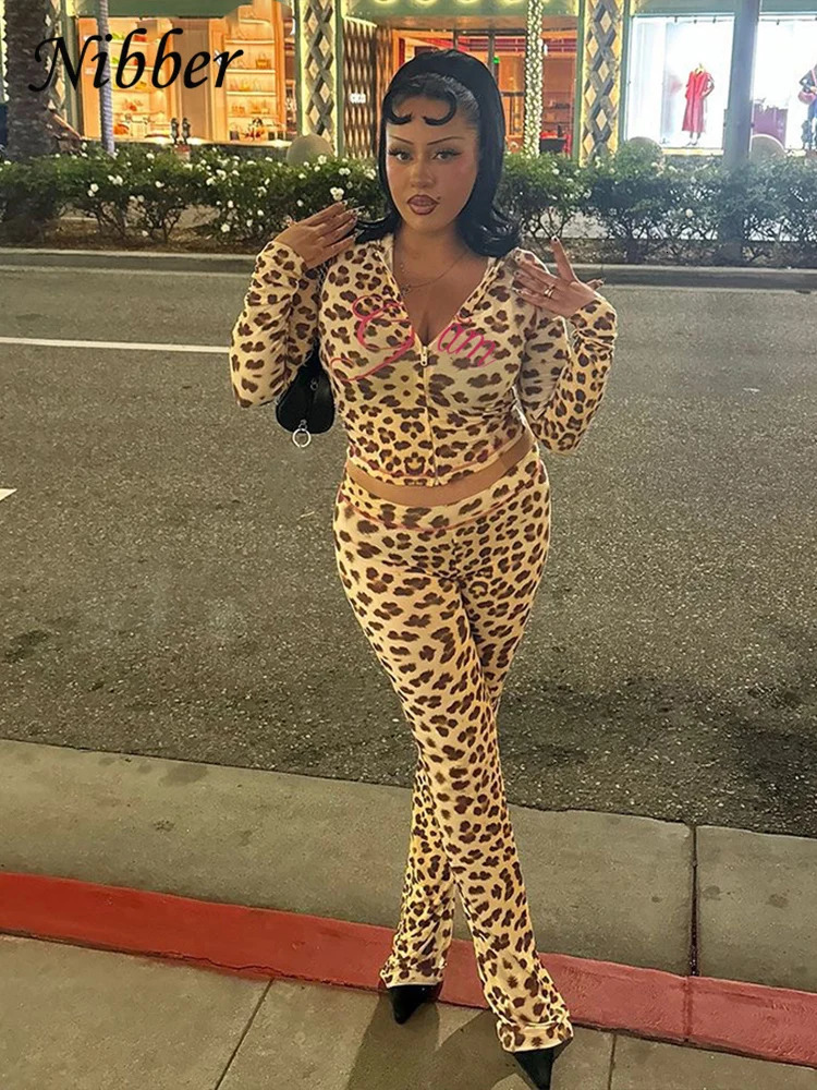 Nibber Leopard Print 2 Piece Set Womens Autumn Tracksuit Athleisure Hooded Crop Jacket Flared Pants Stretch Matching Suit 241115
