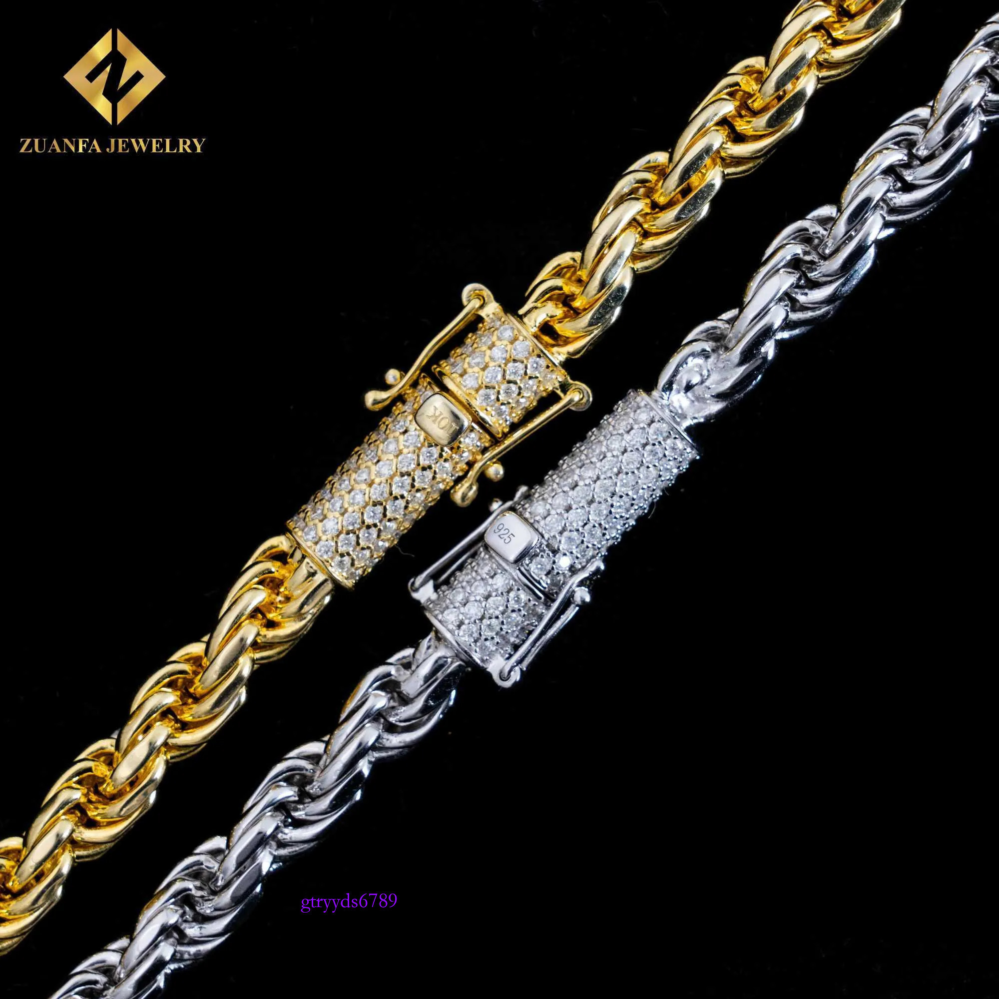 Ready to Ship 6mm Hip Hop Man Necklace Sterg Sier Iced Out Vvs1 Moissanite Dia Lock Gold Rope Chain
