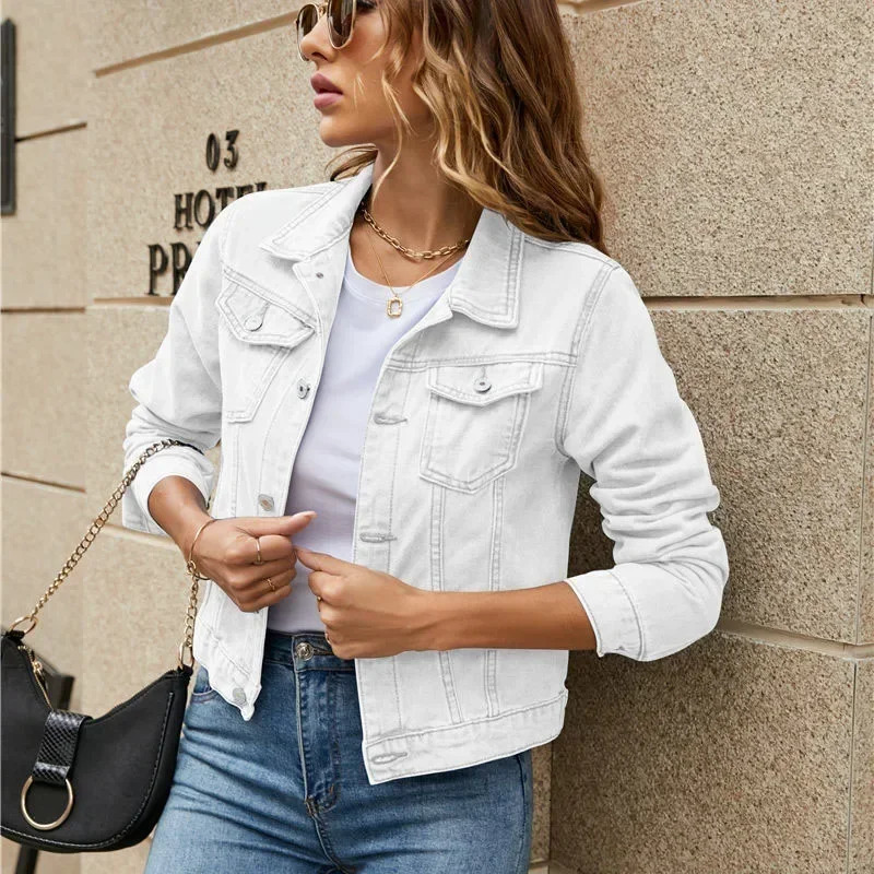 womens short denim jacket fashionable womens casual long sleeved lapel solid button pocket ultra-thin denim jacket autumn and winter coat 241115