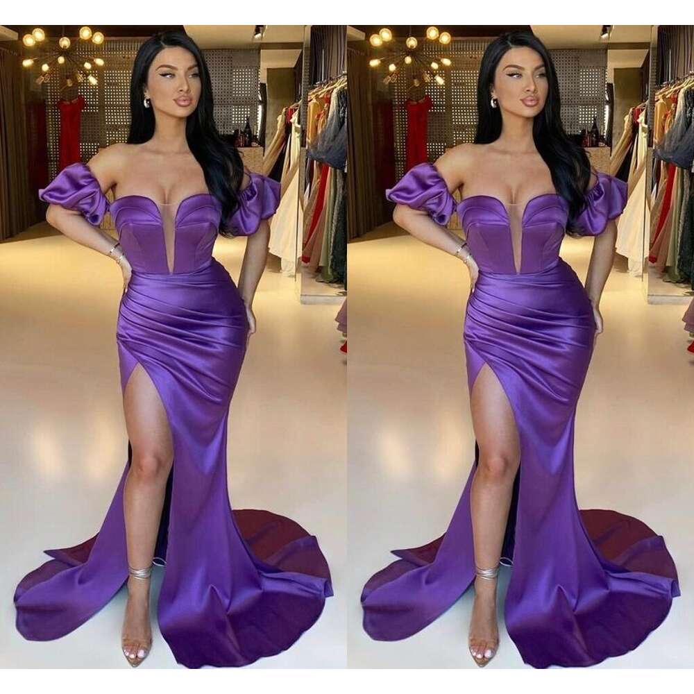 Sexy Duabi Arabic Purple Plus Size Mermaid Prom Dresses Or Length Off Shoulder Pleats Draped High Side Split Formal Evening Gowns Wear Custom Made