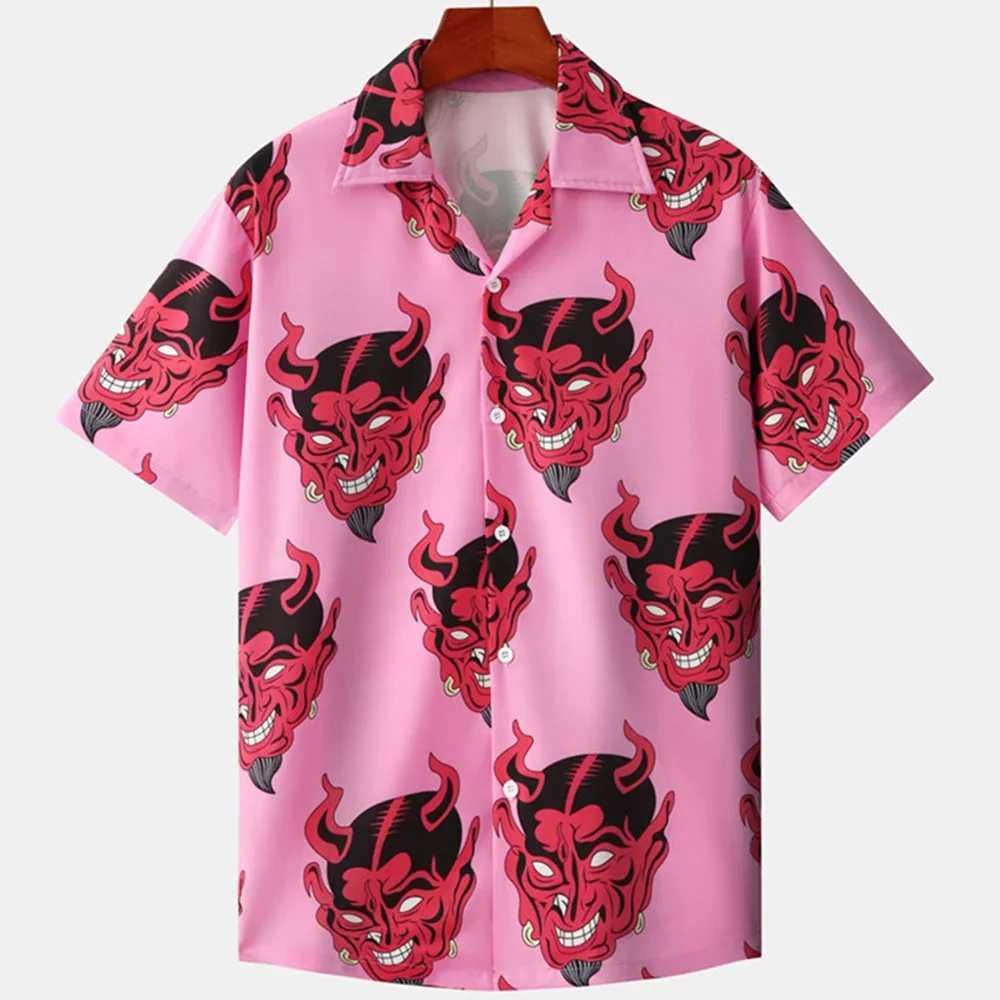 YEE9 Men's Casual Shirts Hawaiian Shirt for Men Cuban Collar Devil Print Mens Fashion Streetwear Summer Short Sleeve Top Trendy New Clothing 2404