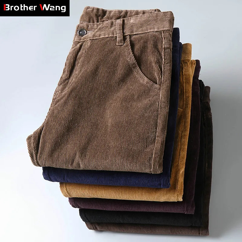 6Color Mens Thick Corduroy Casual Pants Winter Business Fashion Stretch Regular Suitable for Trouser Clothing 241115