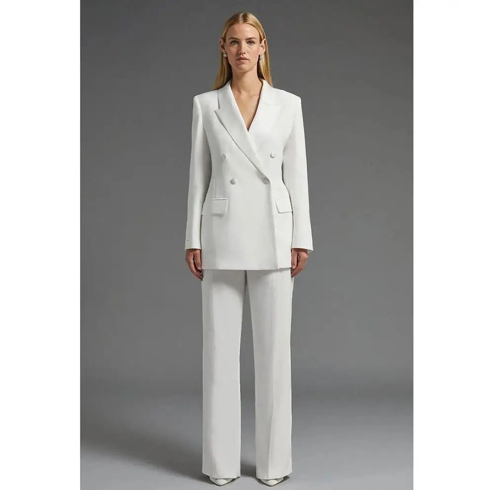 Highend White Double Breasted Women Suit Two PiecesJacketPants Lapel Outfits Chic Casual Party Prom Wedding Set 241115