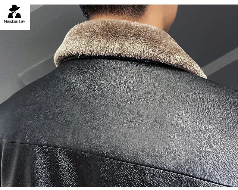 Autumn and Winter Leather Jacket Mens Business Thickened Faux Fur Collar Windproof Warm PU Coat Brand Motorcycle 241108