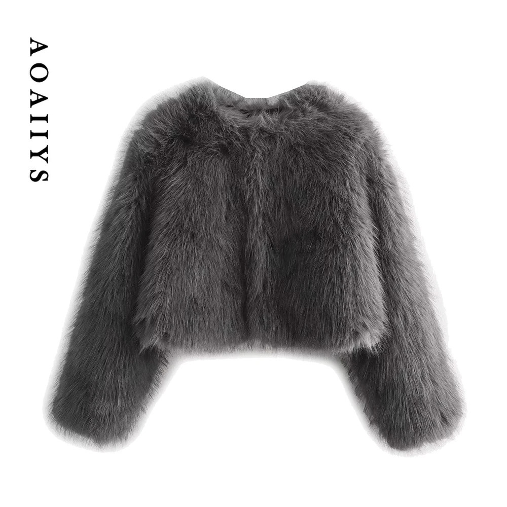 Aoaiiys Faux Fur Jacket for Women Coats Grey ONeck Long Sleeve Autumn Winter Warm Outerwears French Fashion Elegant Jackets 241108