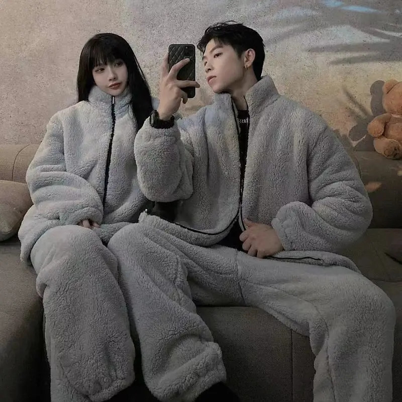 Coral fleece sleepwear set for men and women winter warm sleepwear with long sleeves Trouser sleepwear thick sleepwear zipper hooded sleepwear 241112