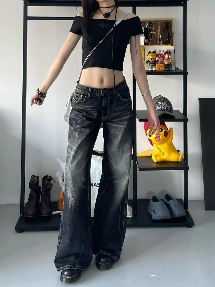 HOUZHOU Grunge Y2k Black Jean Baggy Vintage High Street Oversized Denim Trousers Gothic Gyaru 2000s Acubi Fashion Jeans 241108