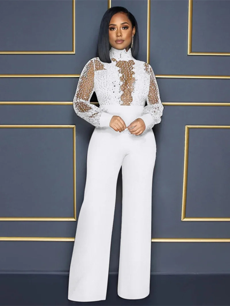 Streetwear Sequins Lace Patchwork Jumpsuit Women Autumn Clothes Solid Full Sleeve Rompers Playsuits One Pieces Overalls Outfits 241116