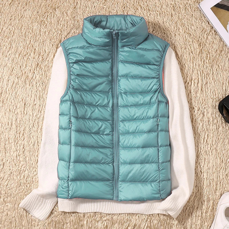Fashion autumn stand up collar duck down vest for women elegant solid simple zipper jacket casual warm vest for women white duck down vest 241111